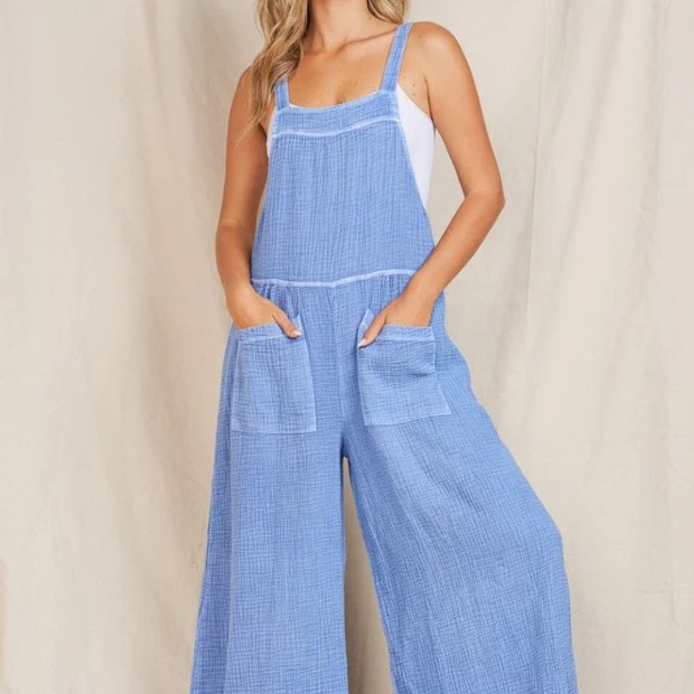 Wide Opening Overalls with Pockets in Light Indigo